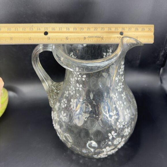 Antique Enameled Glass Pitcher Jug Hand Blown Optic Dot Manganese 365nm Green UV - Picture 8 of 16